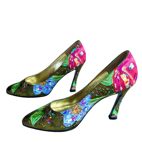 CHARLES JOURDAN PARIS FRANCE 1990s VINTAGE SILK FLORAL HIGH HEELS STUNNING - Picture 2 of 9